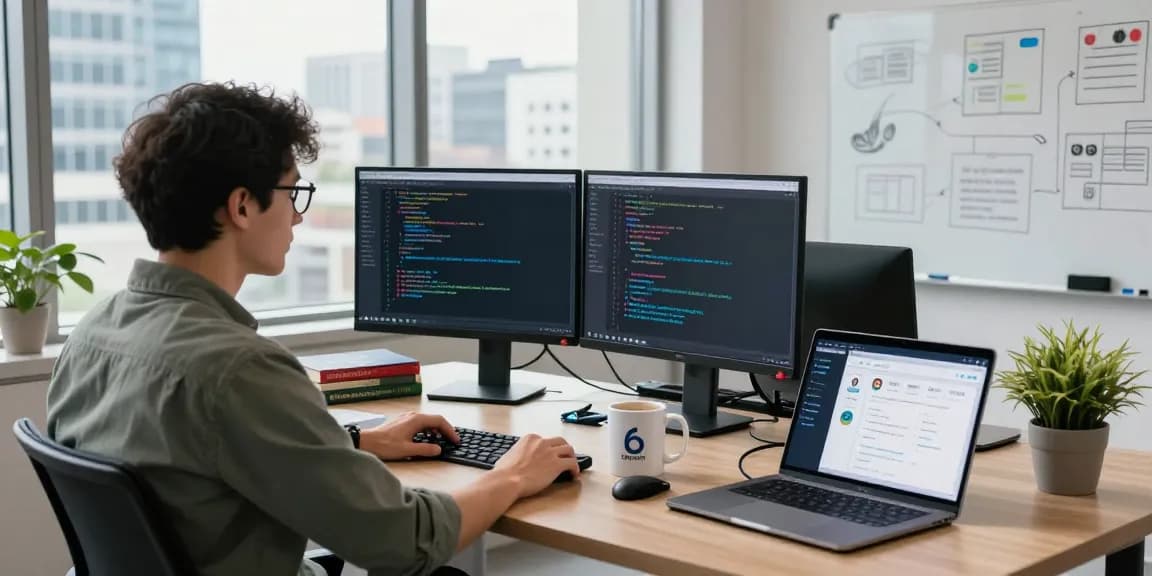 Pengembang perangkat lunak di https://predictplay.io/ sedang bekerja dengan layar ganda menampilkan kode aplikasi terdesentralisasi.