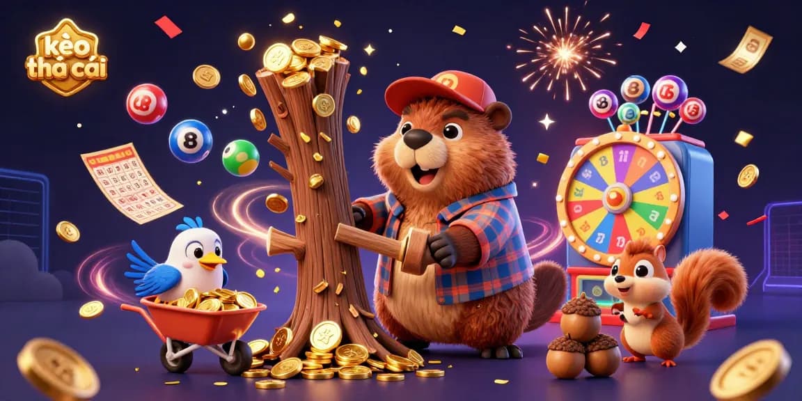 Engage with kèo nhà cái as the cartoon beaver collects coins while dynamic gaming elements surround him.