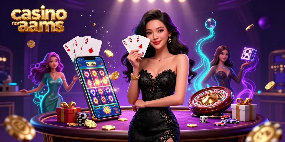 Scopri il brivido del casino non AAMS con una donna asiatica glamour che tiene in mano le carte da gioco tra elementi di gioco vivaci.