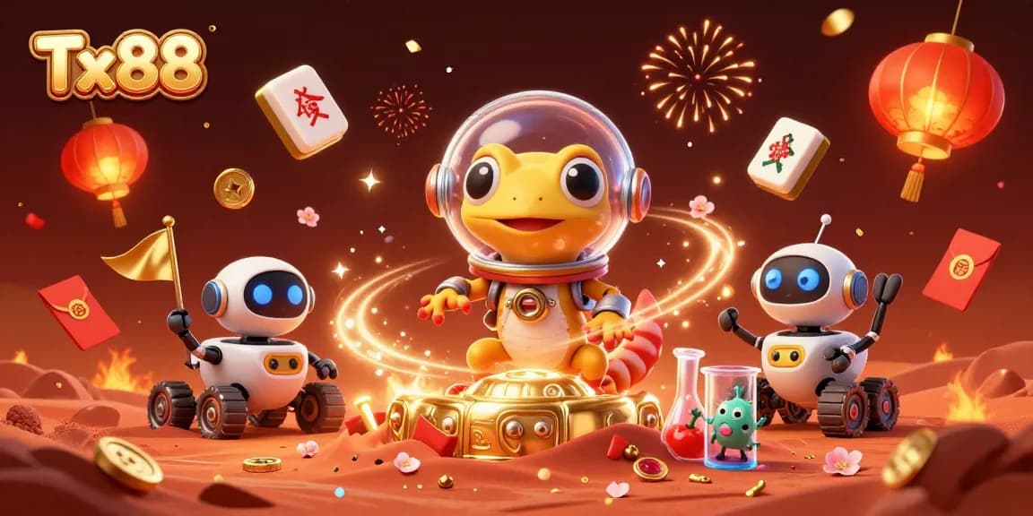 Join the Tx88 Martian gecko at a golden casino adventure on Mars with festive celebrations.