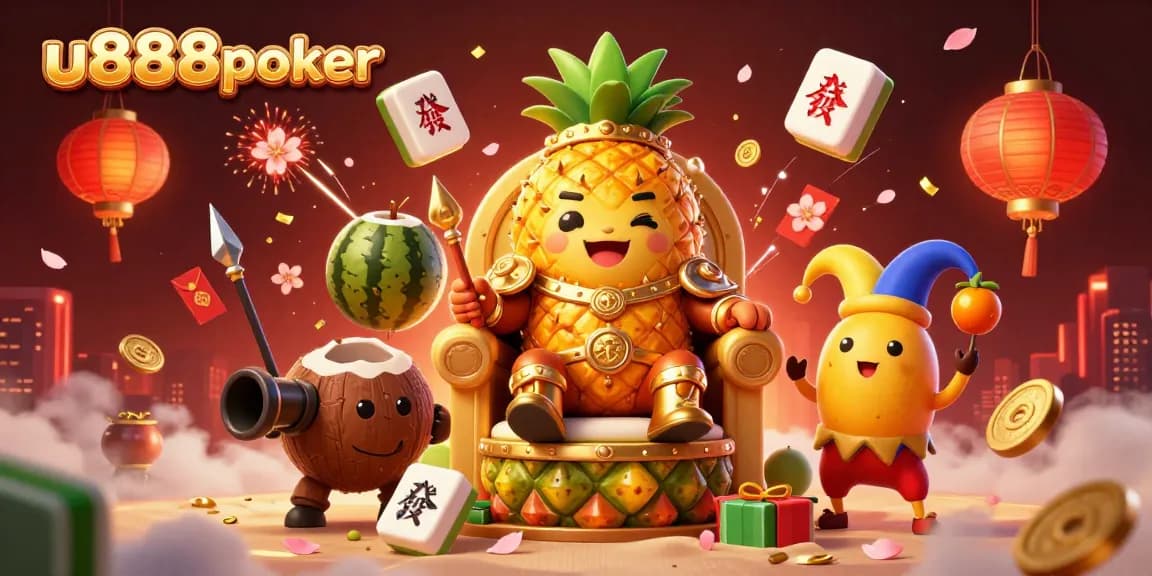 Play exciting games at u888poker with our vibrant scene featuring a pineapple king and engaging casino elements.