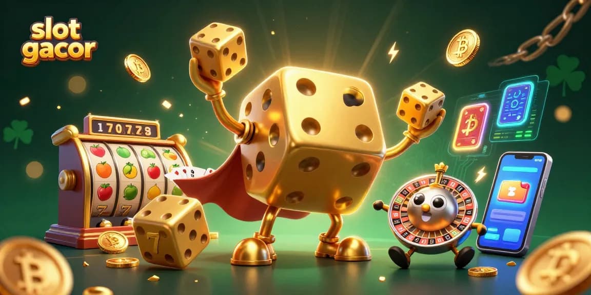 Slot gacor menarik aksi pemain dengan dadu emas raksasa dan simbol buah menggoda di dalam kasino