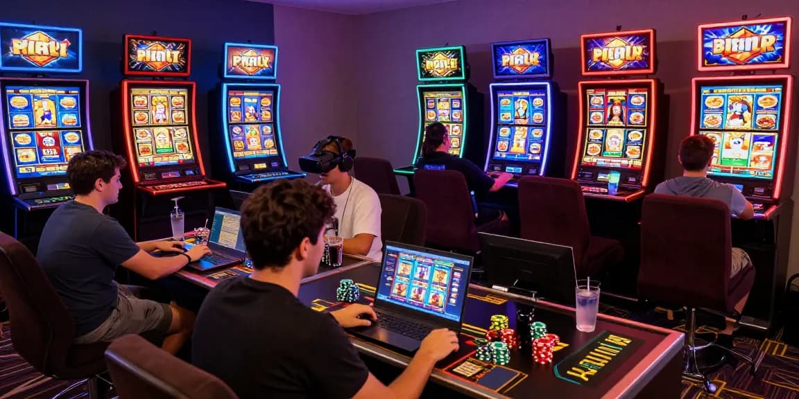 Engaged players enjoying colorful slot games on various devices in an exciting online gambling atmosphere
