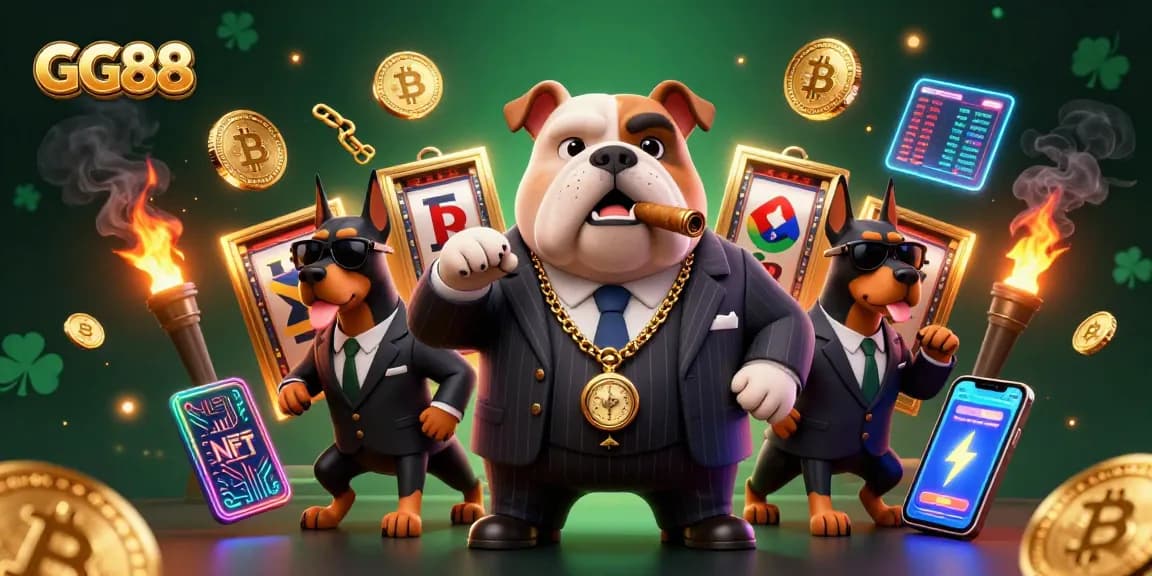 Experience slot gaming at GG88 with a stylish mafia bulldog and his bodyguards amid glowing crypto coins.