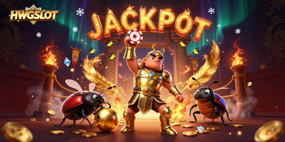HWGSLOT features a victorious beetle in armor lifting a chip amidst dynamic casino elements