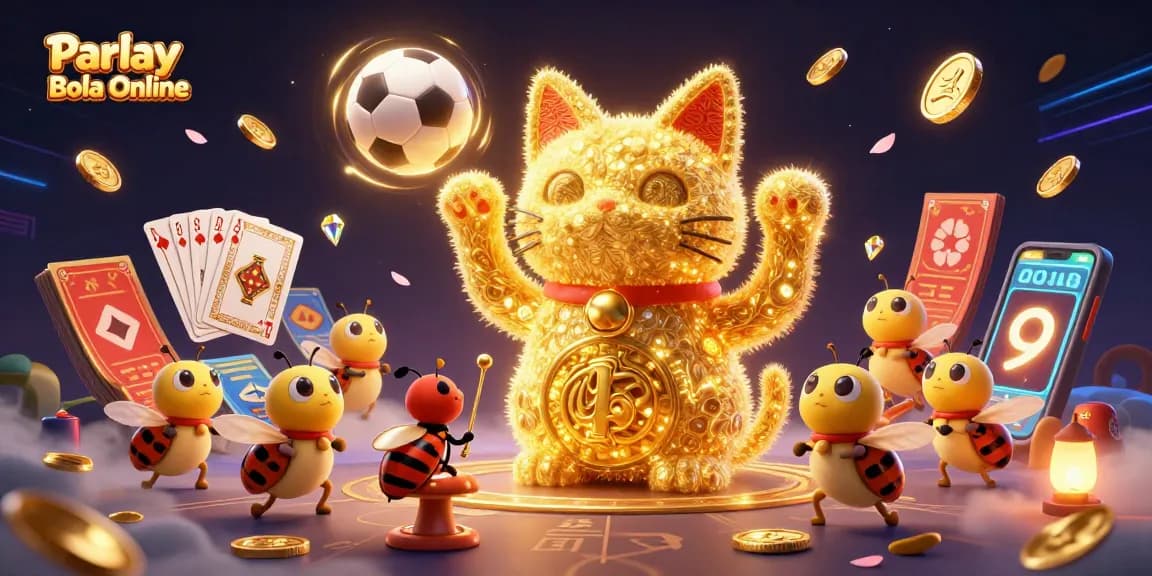 Bet on Parlay Bola Online with a festive lucky cat, vibrant coins, and engaging betting symbols.