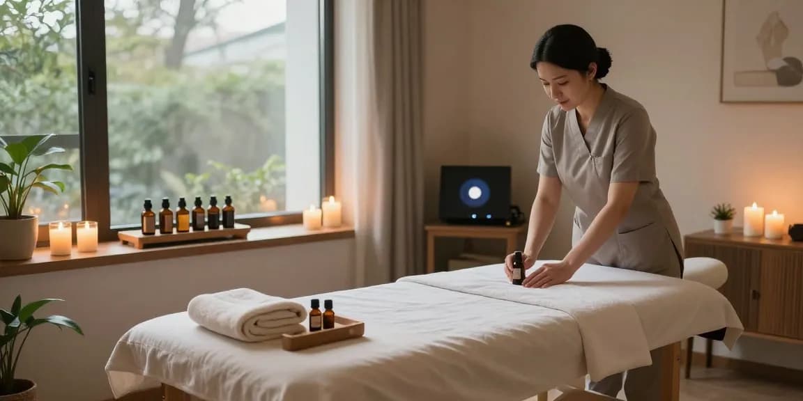 분당스웨디시 고급 스파에서 편안한 마사지 테이블과 아로마 오일이 있는 모습