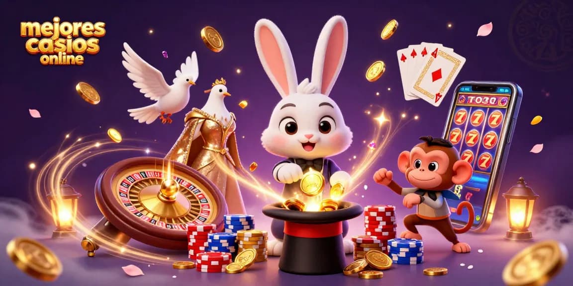 Experimenta los mejores casinos online mientras un conejo mágico hace aparecer monedas doradas.