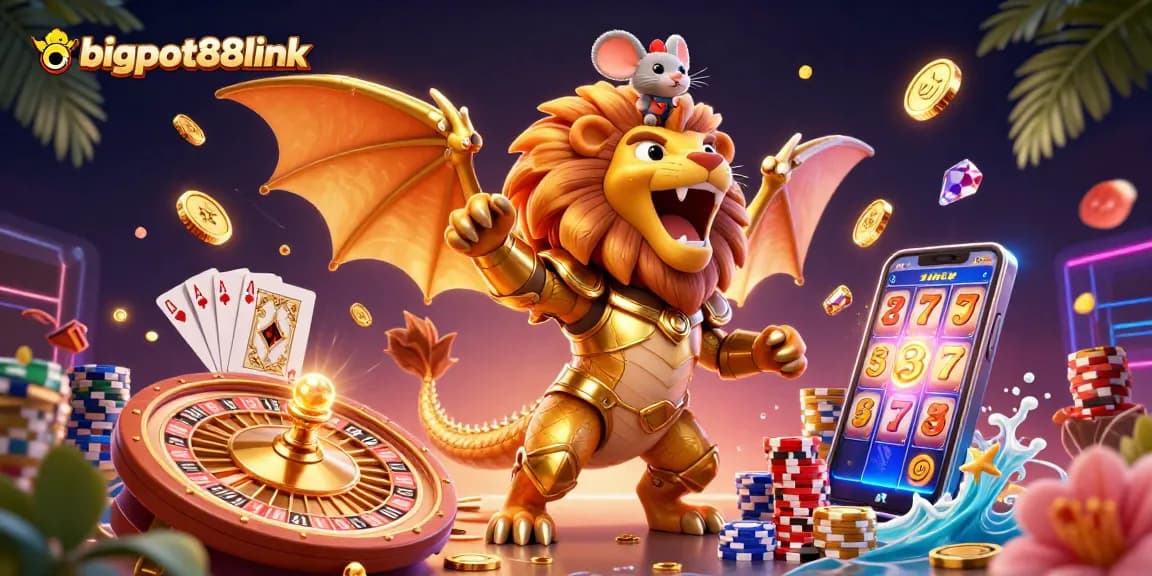Experience thrilling gaming with bigpot88link featuring a chimera creature and vibrant casino elements.