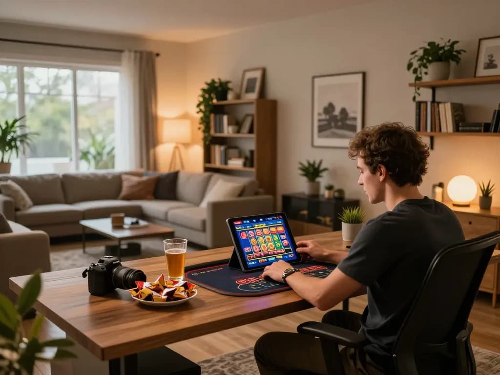 Engaging in online casinos in Canada, a player explores vibrant slots on their tablet at home.