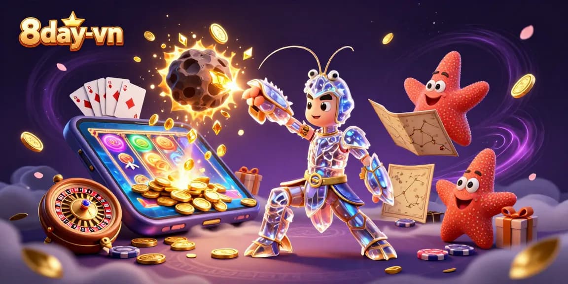 Engage with 8day-vn's vibrant gaming adventure featuring cosmic scenes and dynamic slot gaming elements.