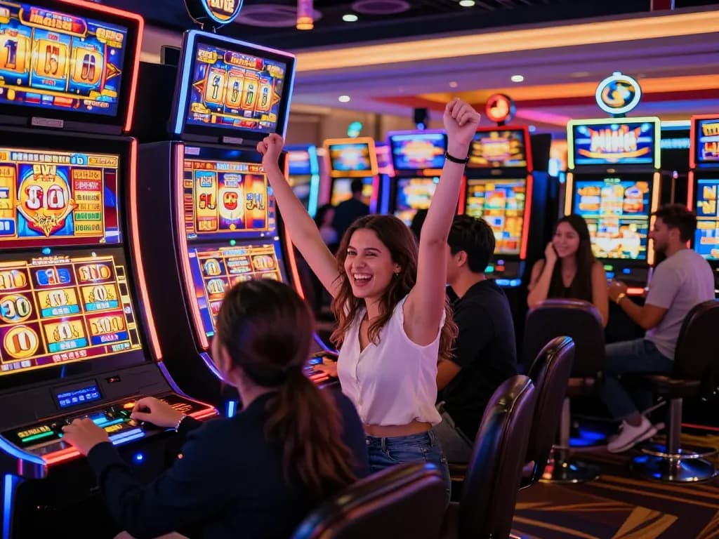 Players enjoying MDG188 slot machines, celebrating a win in a vibrant casino atmosphere