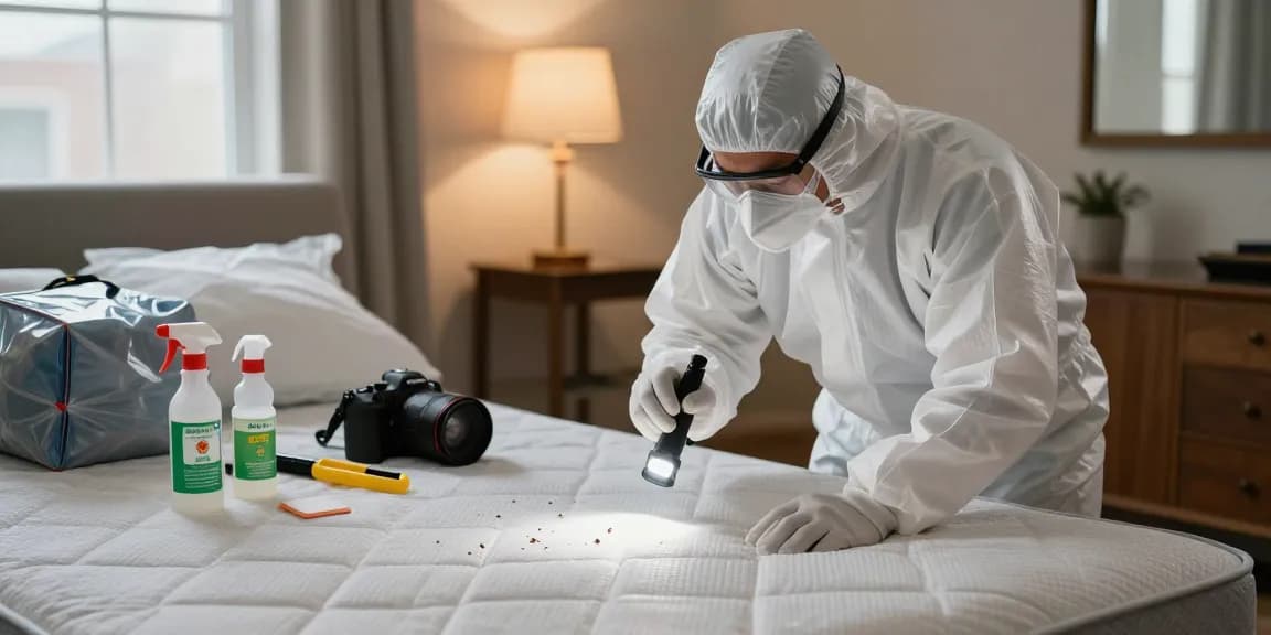 Bed bug exterminator inspecting a mattress in Milwaukee with eco-friendly tools, ensuring a thorough pest control service.