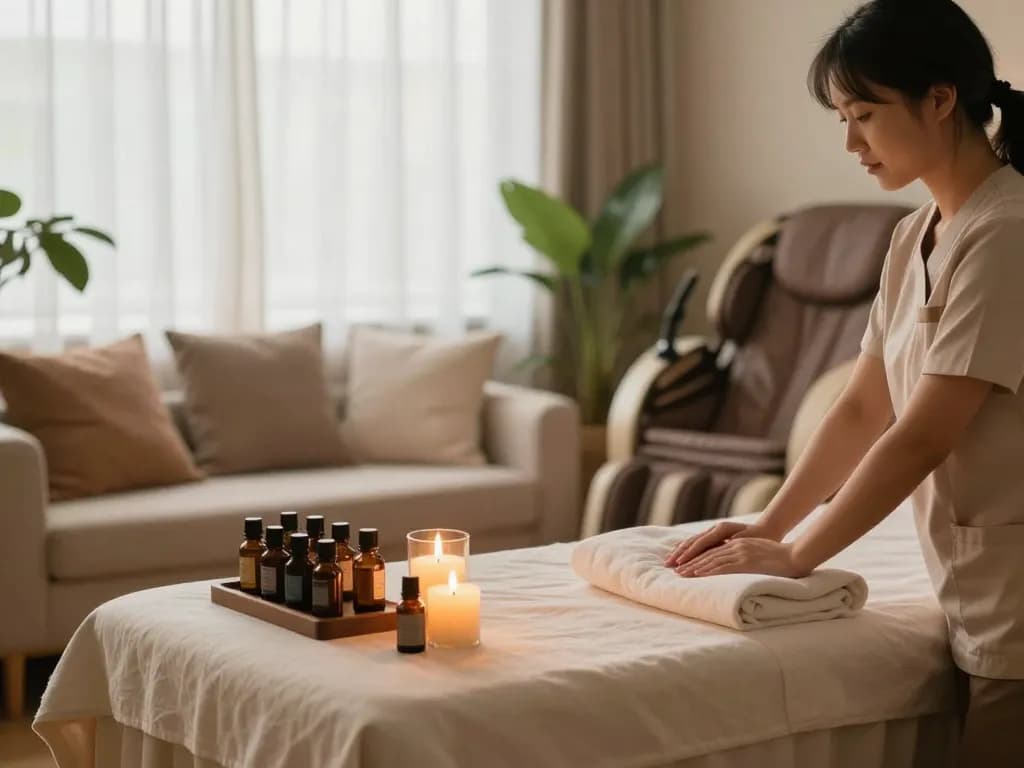 Relaxing 출장안마 therapy space featuring massage table, aromatherapy oils, and soft lighting.