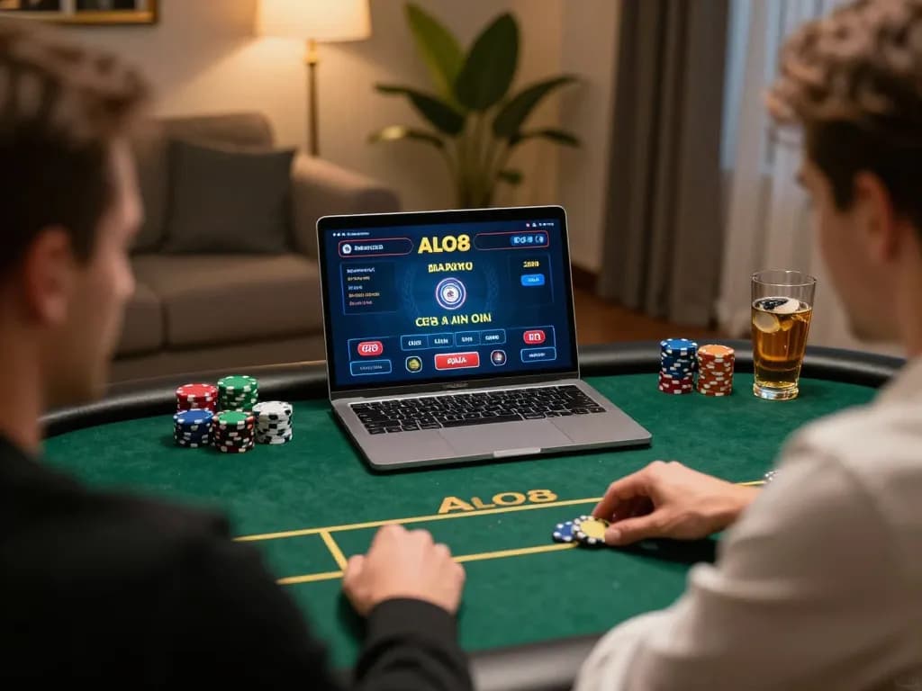 ALO8 players strategizing during an online poker game in a cozy setting