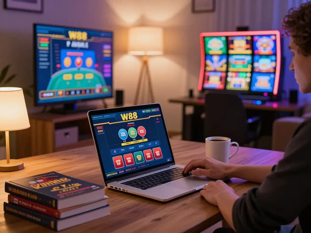 Engaging with W88 casino software on laptop in cozy home setting, showcasing online gambling