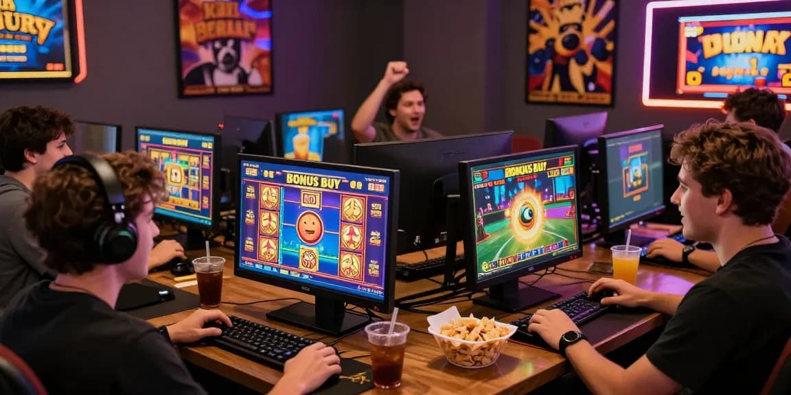 Engaged players at https://crownnorthill.co.uk/ enjoying Bonus Buy slots, showcasing vibrant slot games and excitement.