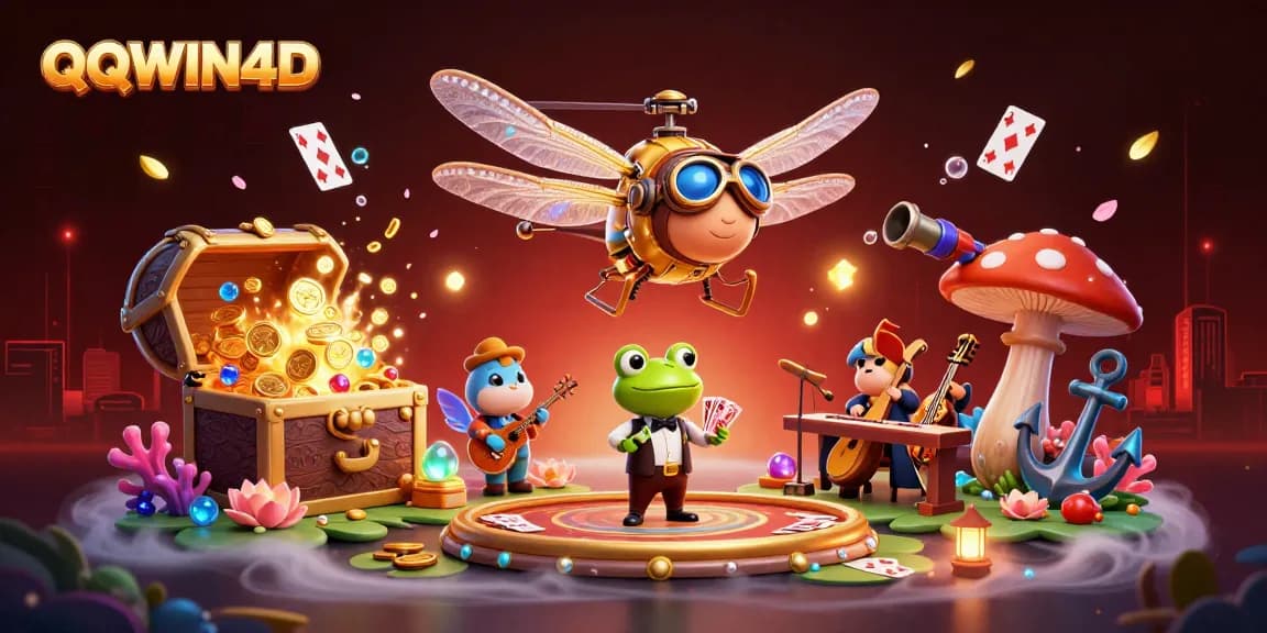 QQWIN4D hadir dengan dealer katak yang mengatur kartu di kasino teratai.