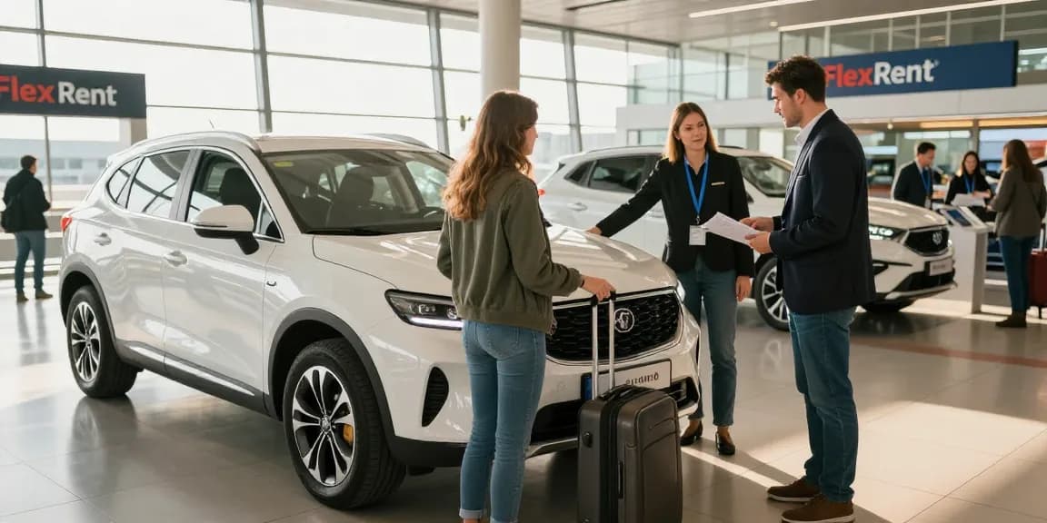 Customer at FlexRent car rental in Chișinău International Airport, friendly staff assisting with clean SUV rental, showcasing travel convenience.