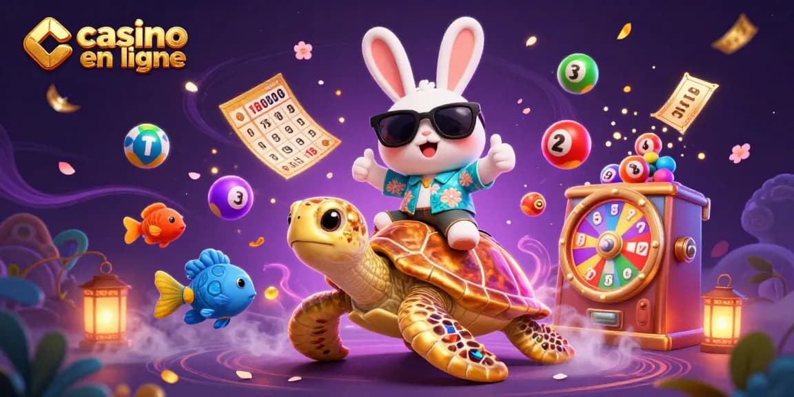 Casino en ligne ludique avec un lapin chanceux et une tortue dorée dans une scène festive.