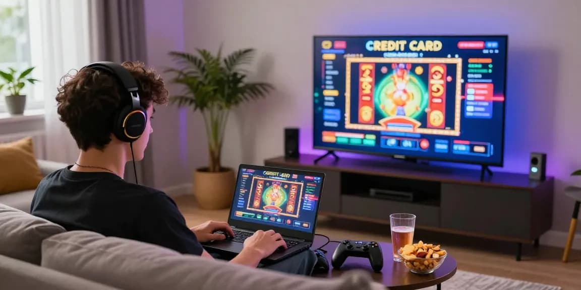 Engaging player experiencing online gaming at a credit card casino, showcasing https://dentalgroups.co.uk in a vibrant living room.
