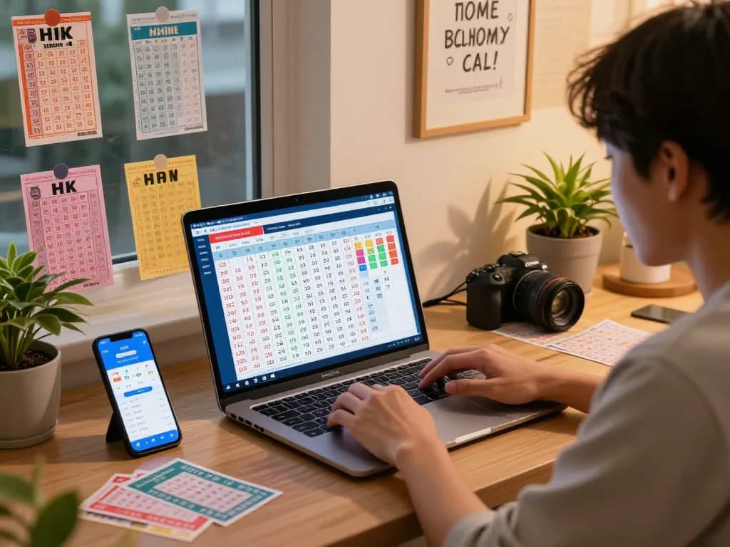 Engaged bettor analyzing Data HK results in vibrant home office, enhancing lottery excitement.