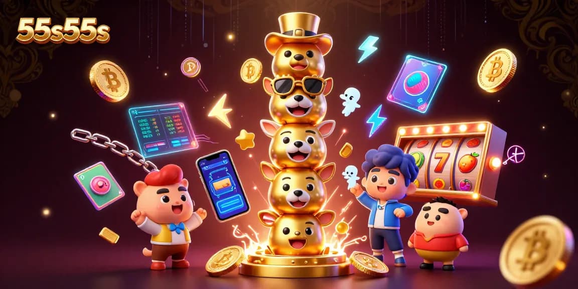 Engage with 55s55s through vibrant slots and crypto elements in an energetic casino scene.