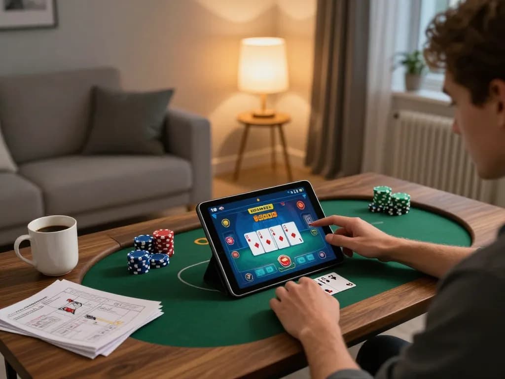 Person playing poker online on a tablet, showcasing LLwin's gaming interface in a cozy home setup.