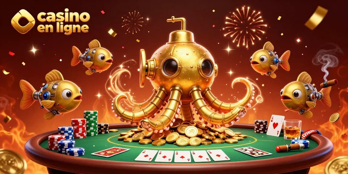 Jouez à des jeux de casino en ligne avec cette illustration de kraken doré et de poissons mécaniques.