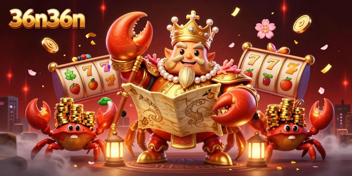 Experience the vibrant world of 36n36n featuring a golden crab emperor surrounded by dynamic slot game elements.