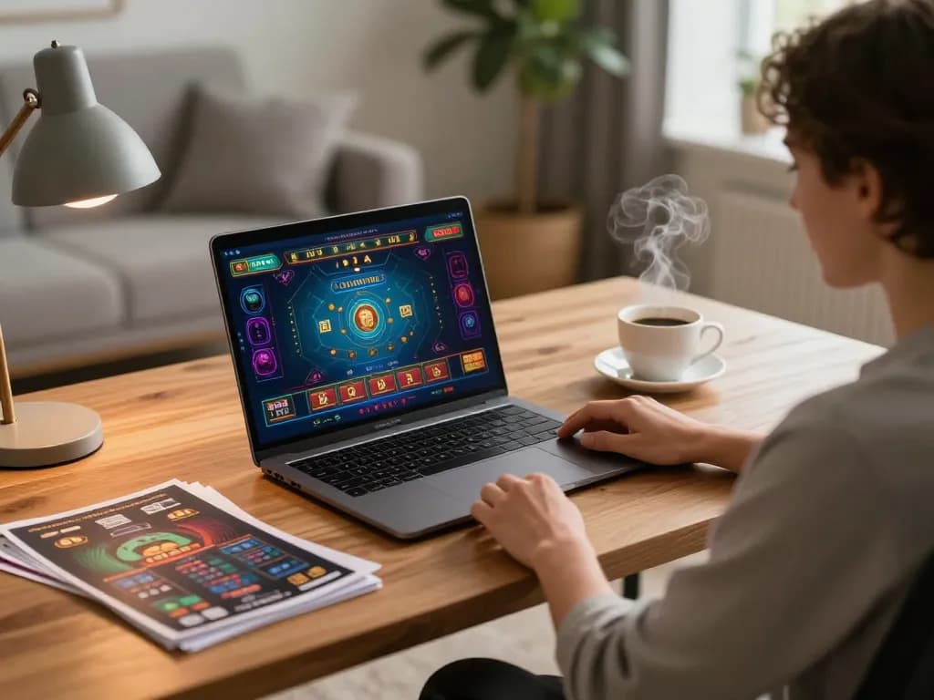 Engaging in live dealer game on laptop at home, exploring jagoan86 for strategic play.
