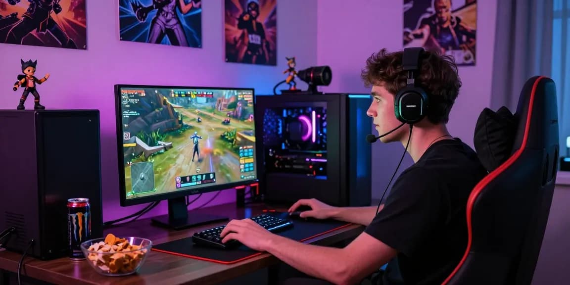 Gamer bersemangat memainkan JURAGAN77 di komputer dengan cahaya LED berwarna-warni.