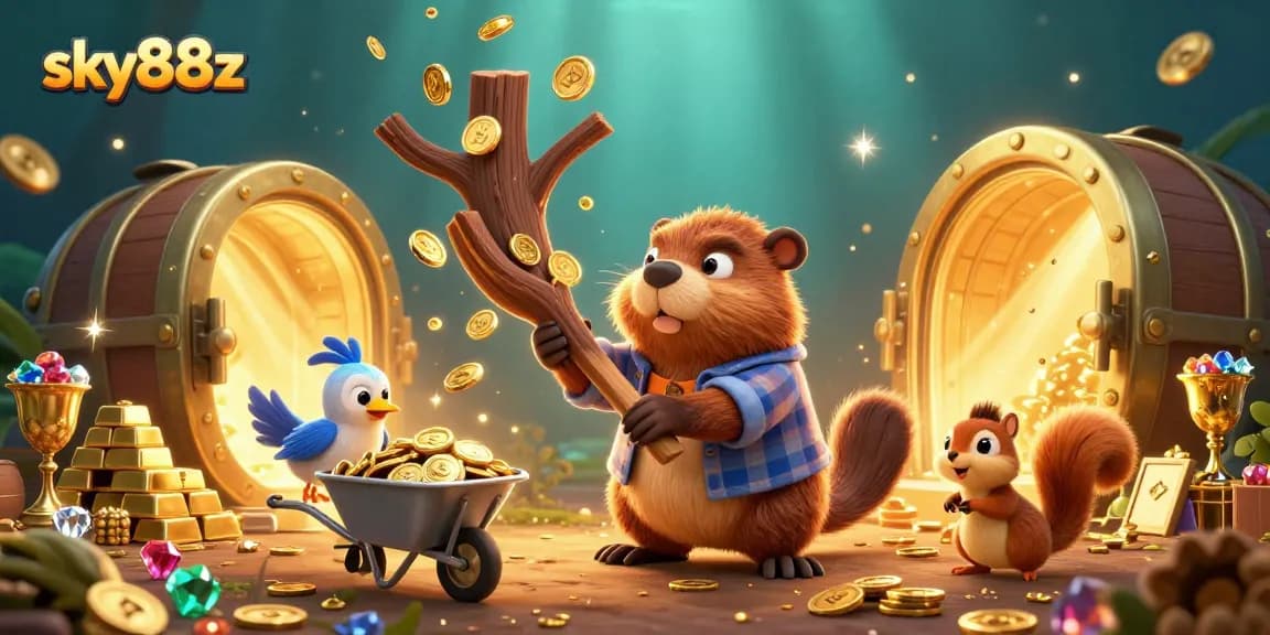Experience thrilling gameplay at sky88z with a vibrant scene of a lumberjack beaver and treasures.