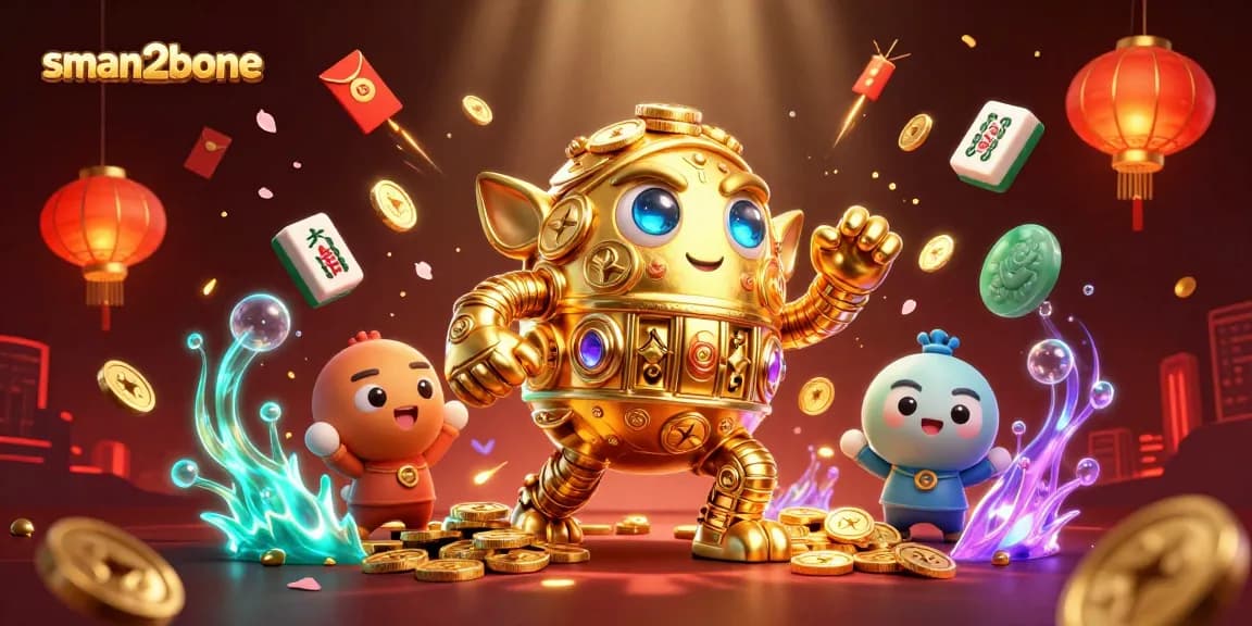 Gambarlah sman2bone menampilkan golem emas menggerakkan koin dengan elemen kasino yang bercahaya.