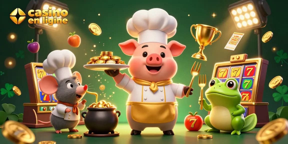 Plongez dans l'univers du casino en ligne avec ce chef cartoon servant des pièces d'or.