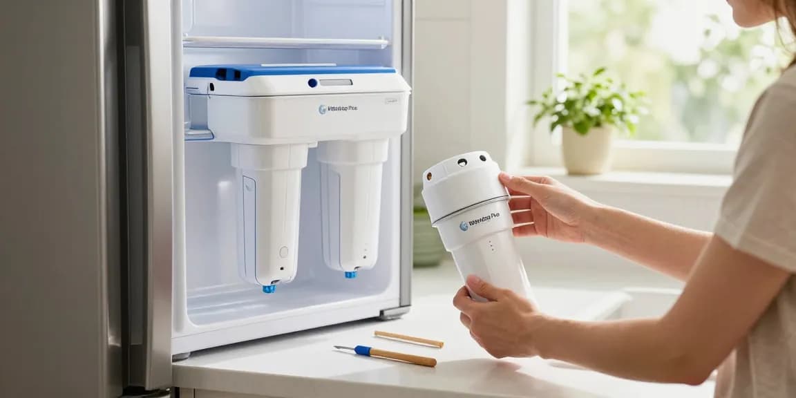 Person installing Waterdrop Plus XWF Replacement for GE® XWF filter in a bright kitchen setting.