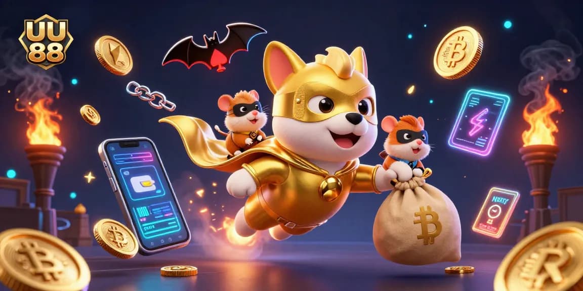 UU 88 superhero dog flies with gold coins amidst vibrant casino elements in an exciting 3D scene.