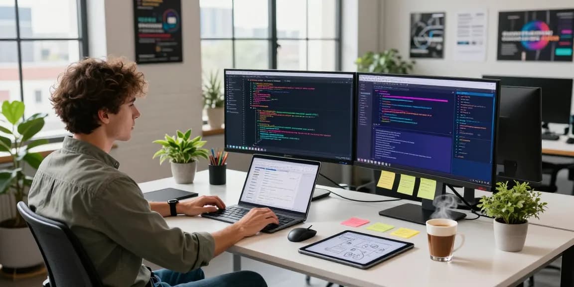Dynamic software development workspace showcasing openclaw skills with multiple monitors and tech tools.