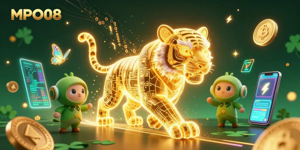 MPO08 showcases a golden tiger in a digital casino, attracting players with crypto elements.