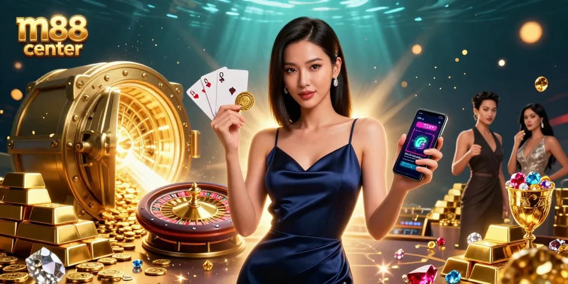 Experience top-tier excitement at m88 center with stunning visuals of Asian woman celebrating casino wins.