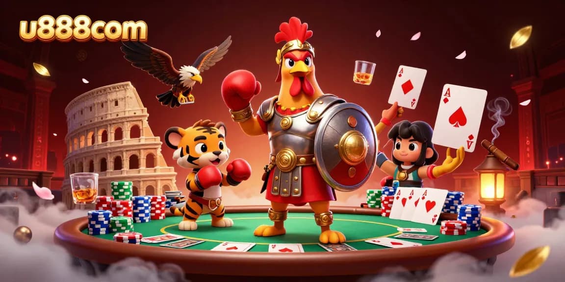 Experience casino excitement with u888com’s dynamic illustration featuring a gladiator rooster and poker elements.