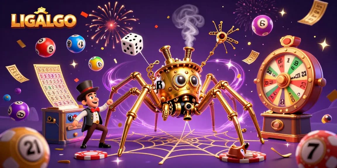 LIGALGO showcases a steampunk spider webbing winnings with dynamic lottery elements.