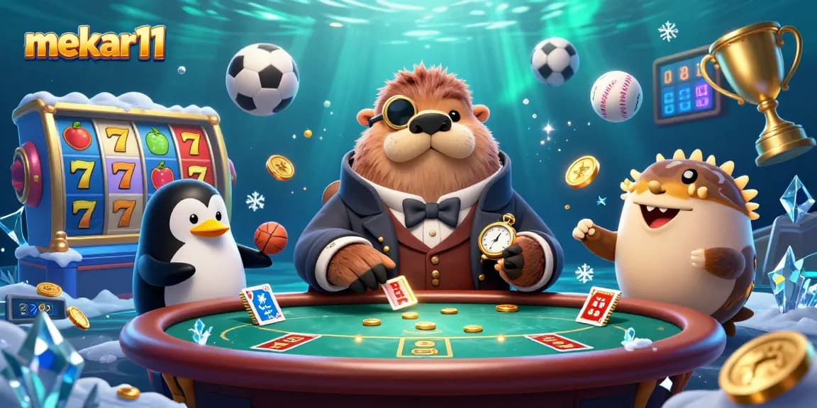 Engage in the mekar11 underwater poker scene with a walrus, penguin dealer, and dynamic gaming elements.