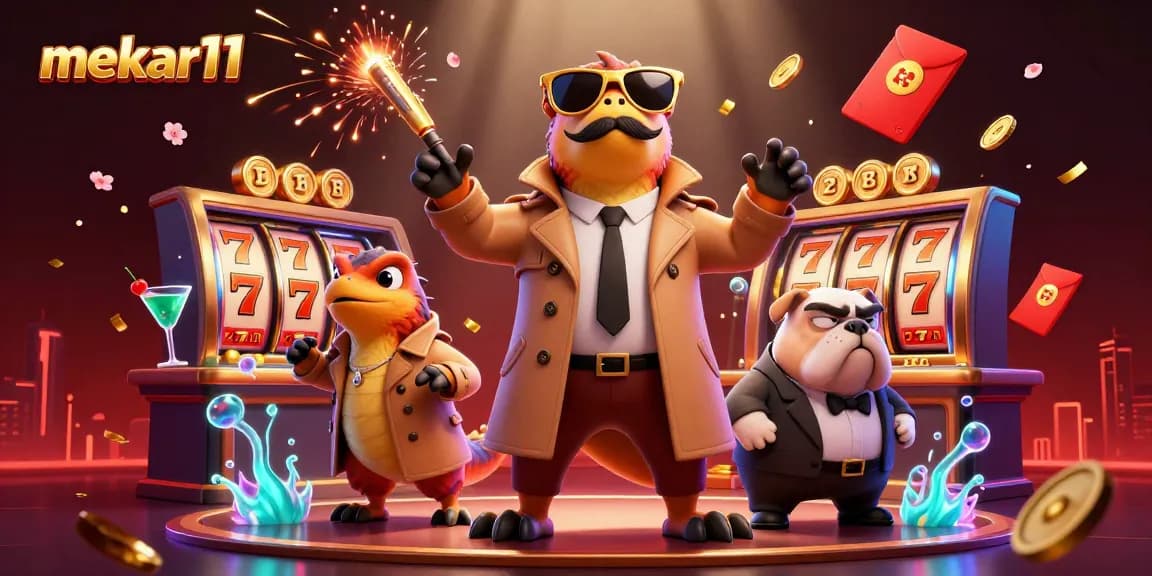 Mekar11 raptors disguised at VIP casino entrance with slot reels, capturing excitement.