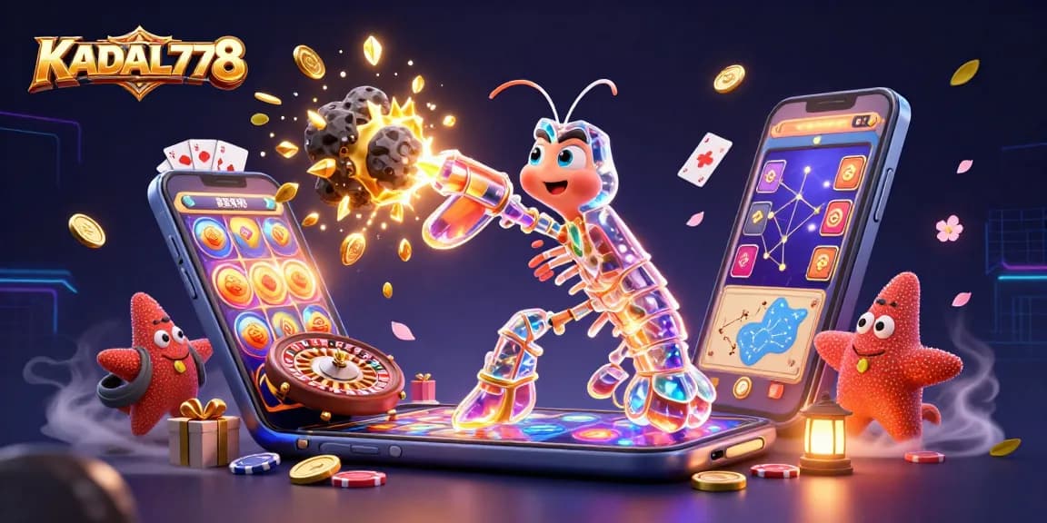KADAL778 showcases a vibrant 3D casino scene featuring a mantis shrimp and starfish with exciting gaming elements.
