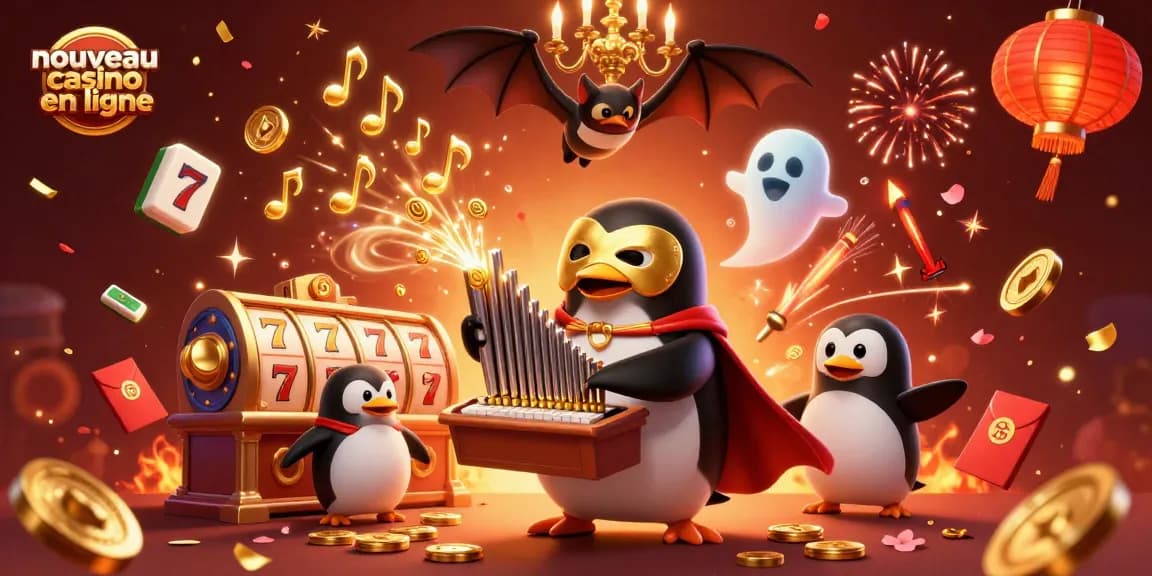 Illustration d'un penguin-opéra avec masque doré célébrant dans un nouveau casino en ligne, entouré de jeux.