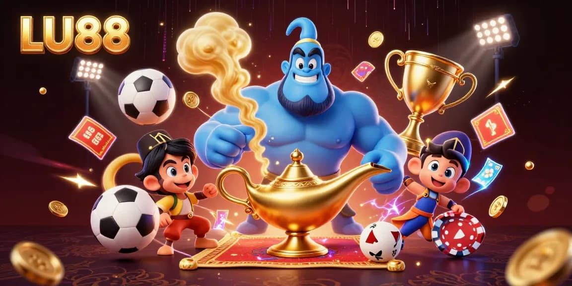 LU88 sport-themed casino illustration featuring a dynamic genie and magical elements
