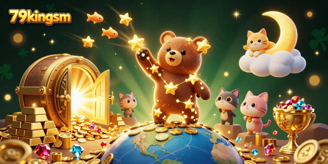 Engage with the excitement of winning at 79kingsm, depicted in a vibrant casino scene with sparkling treasures.