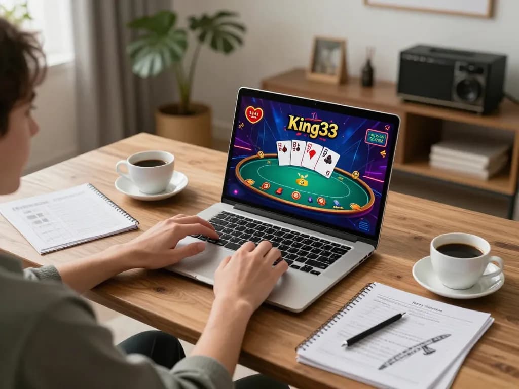Engaging gameplay on King33 while strategizing in a cozy home setting, showcasing online gambling experience.