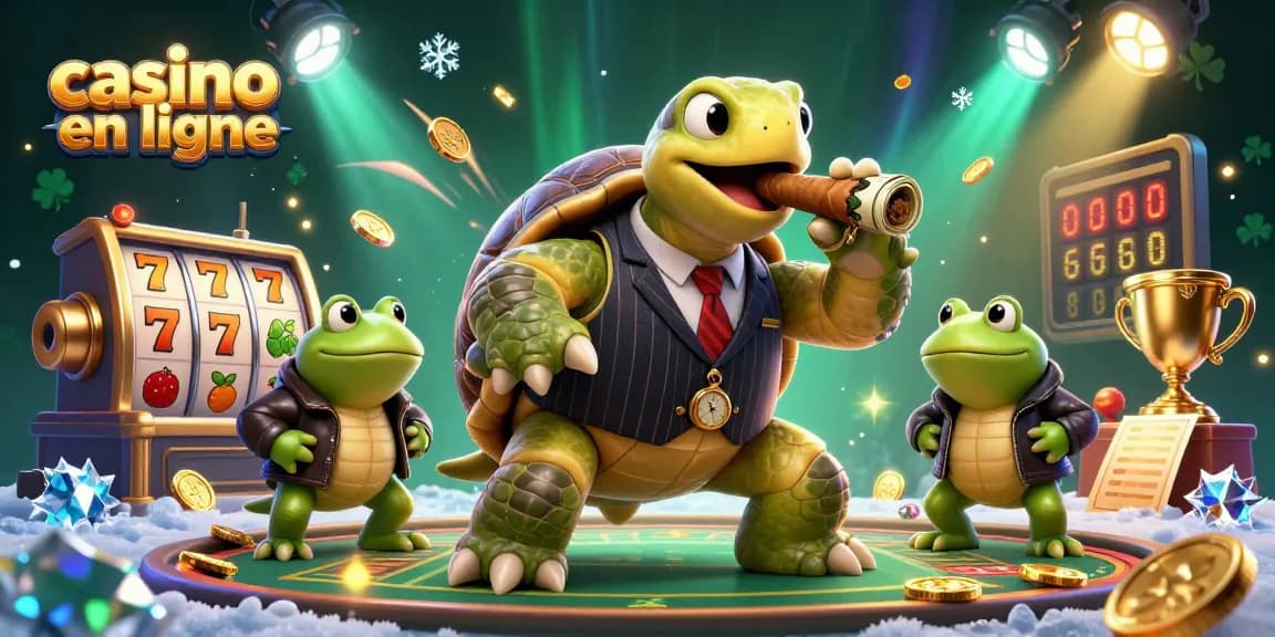 Un casino en ligne animé par une tortue massive en costume de gangster entourée de grenouilles, avec des rouleaux de machines à sous et des lumières scintillantes.